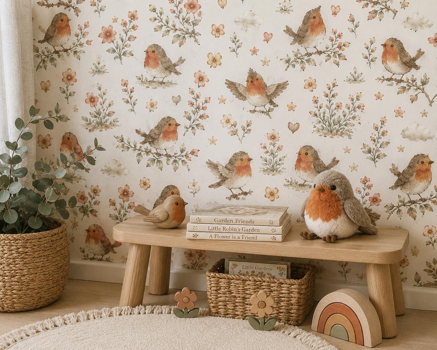 Robin Garden Wallpaper: Spring Bird Nursery Wall Mural