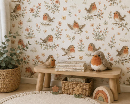 Robin Garden Wallpaper: Spring Bird Nursery Wall Mural