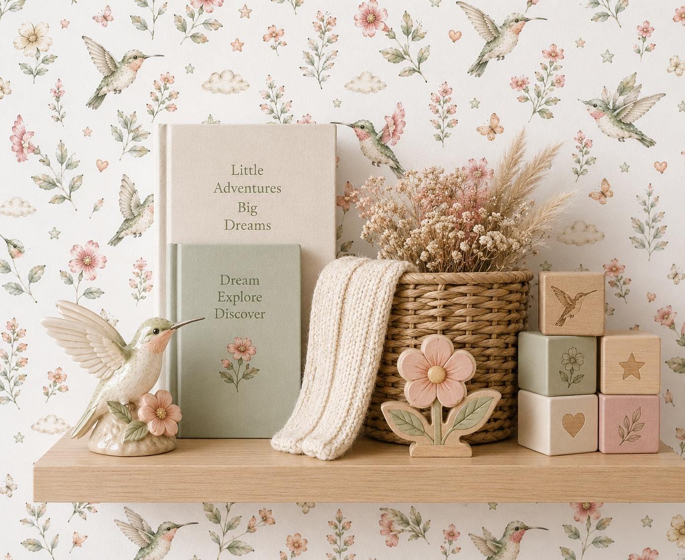 Hummingbird Floral Wallpaper: Garden Bird Nursery Mural