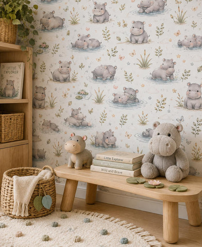 Custom Hippo River Nursery Wallpaper: Peel and Stick Mural (Custom Size)