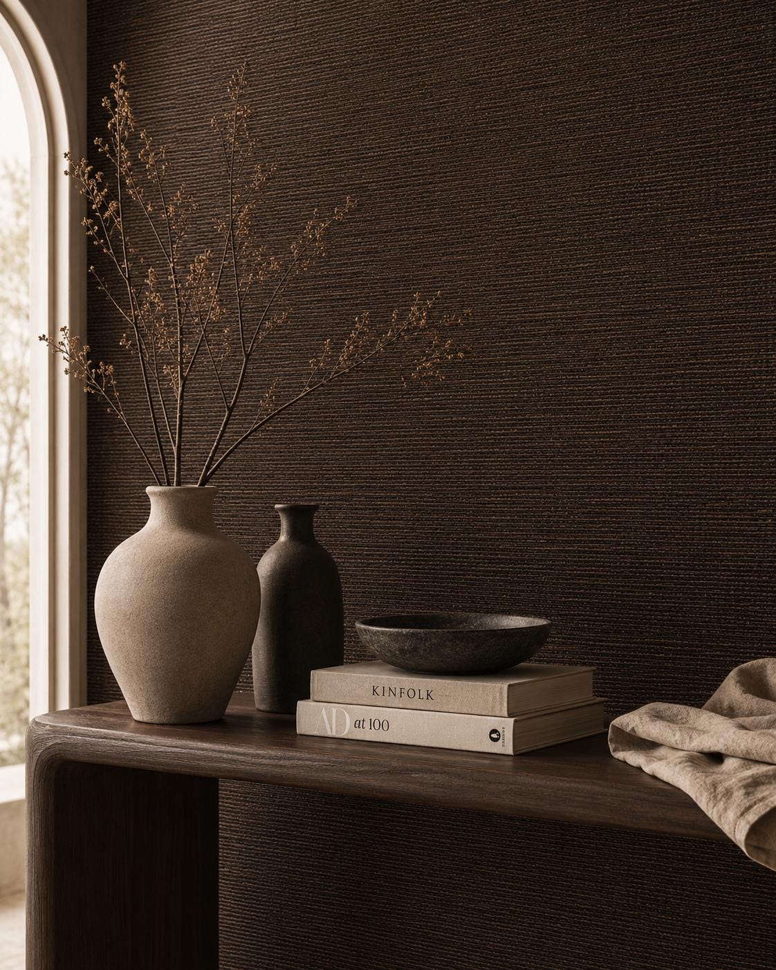 Espresso Grasscloth Wallpaper: Dark Brown Woven Wall Mural
