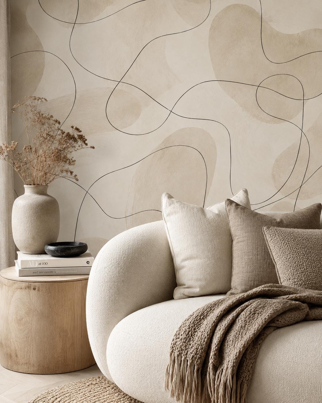 Cream Line Art Wallpaper: Black Abstract Wall Mural
