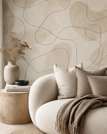 Cream Line Art Wallpaper: Black Abstract Wall Mural