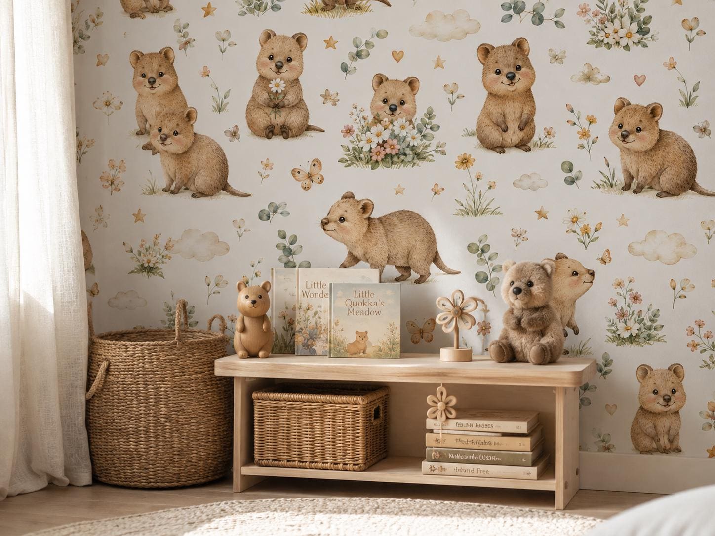 Custom Quokka Meadow Nursery Wallpaper: Australian Animal Mural (Peel and Stick)