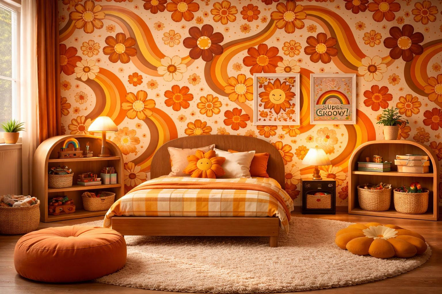 Retro Orange Floral Wallpaper: 70s Groovy Peel and Stick Mural