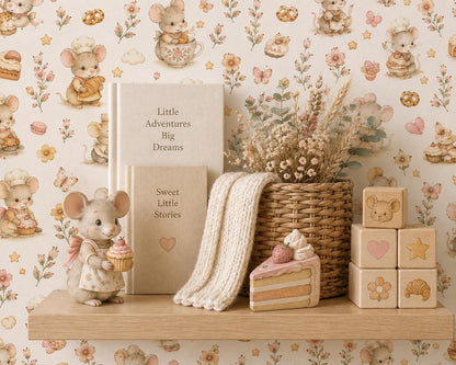 Mouse Bakery Wallpaper: Whimsical Cottage Nursery Mural