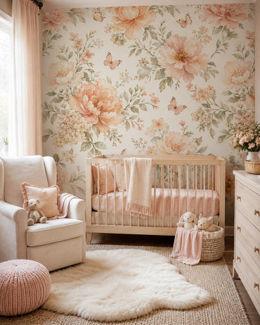 Peach Cream Floral Wallpaper: Soft Nursery Wall Mural