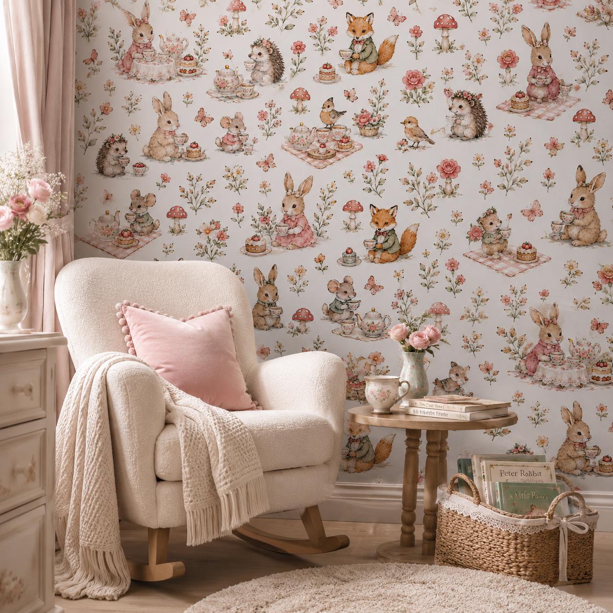 Garden Tea Party Animal Wallpaper: White Nursery Wall Mural