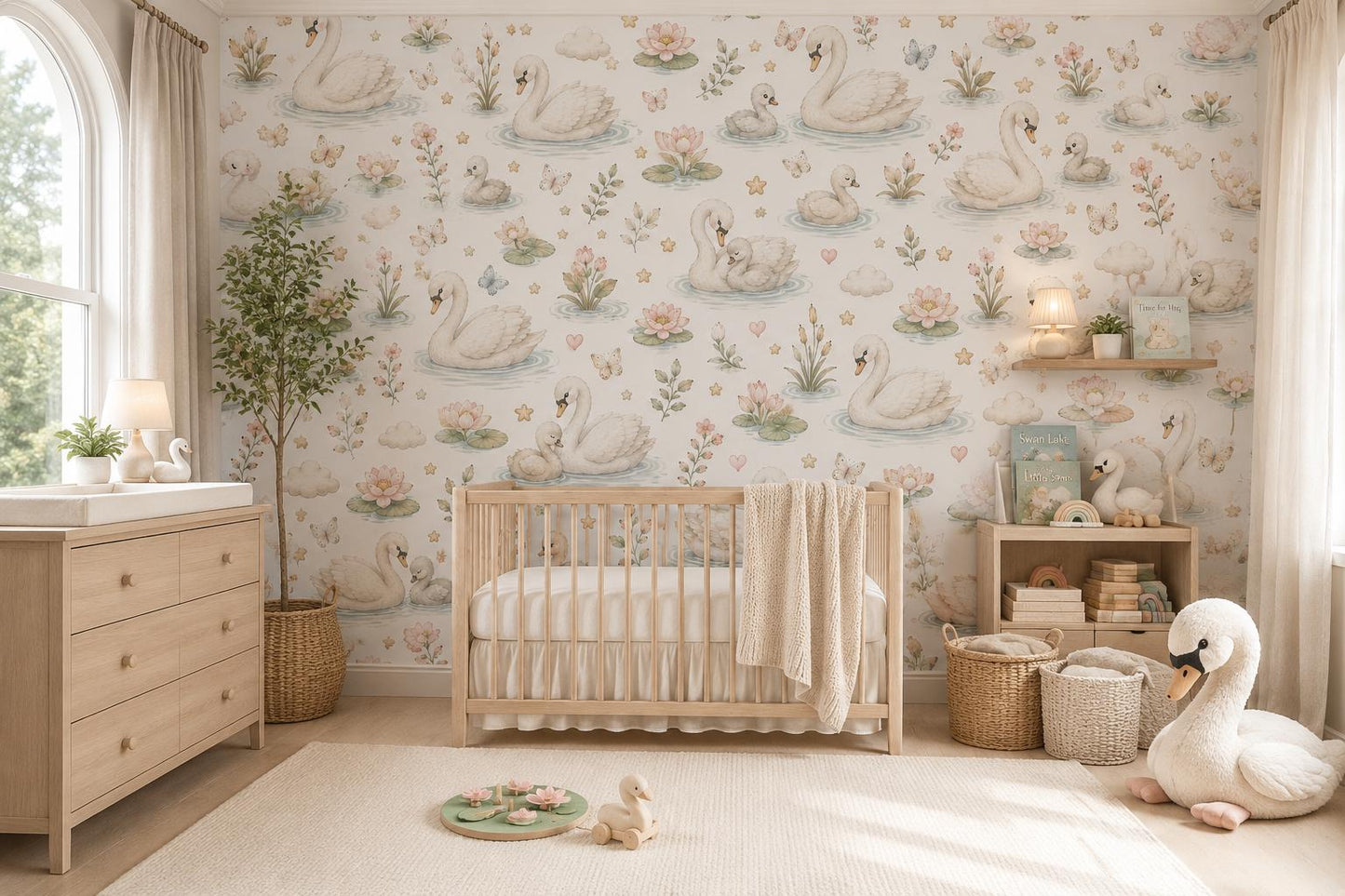 Swan Lake Wallpaper: Soft Floral Nursery Wall Mural