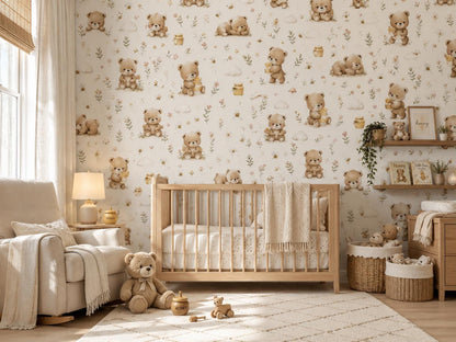 Bear Wallpaper: Honey Meadow Nursery Mural
