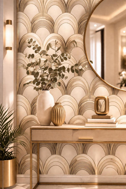 Gold Art Deco Arch Wallpaper: Elegant Luxury Wall Mural