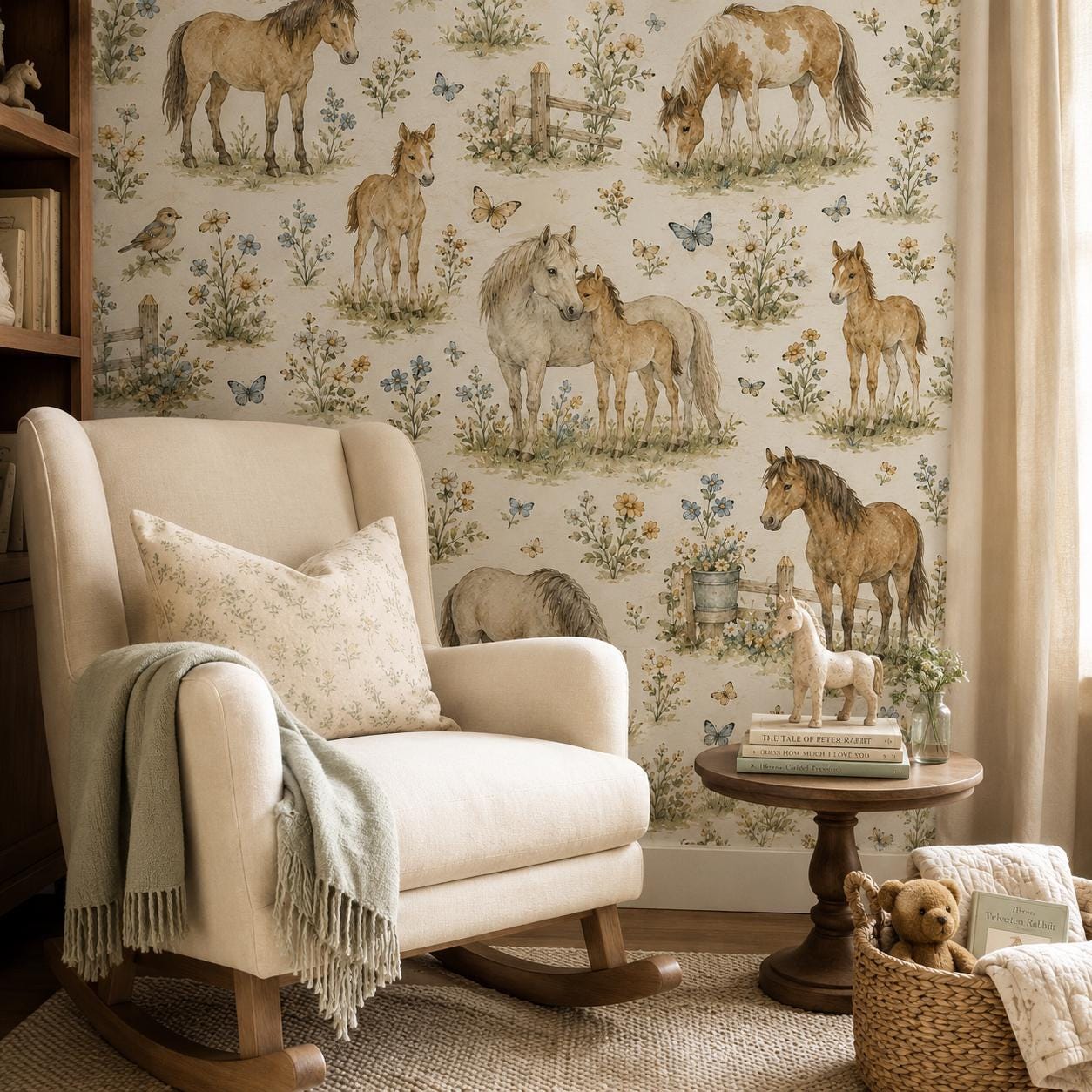 Vintage Horse Meadow Wallpaper: Countryside Nursery Wall Mural