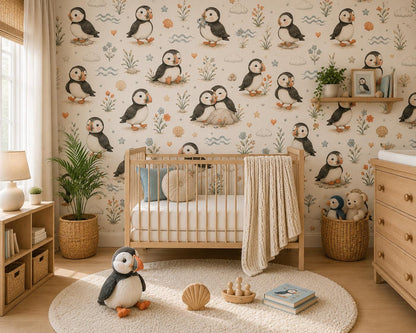 Puffin Coastal Wallpaper: Seaside Bird Nursery Mural