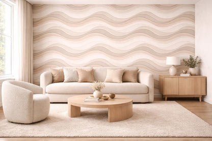 Beige Wave Wallpaper: Neutral Abstract Line Wall Mural
