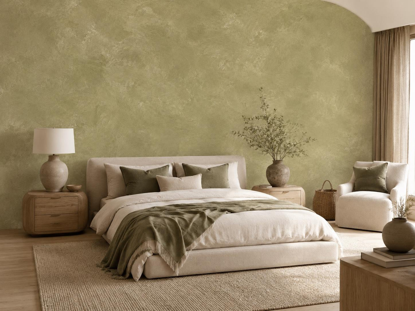 Soft Olive Plaster Wallpaper: Green Textured Wall Mural