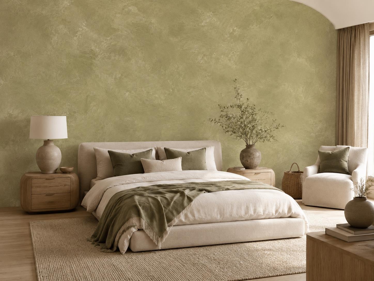Soft Olive Plaster Wallpaper: Green Textured Wall Mural