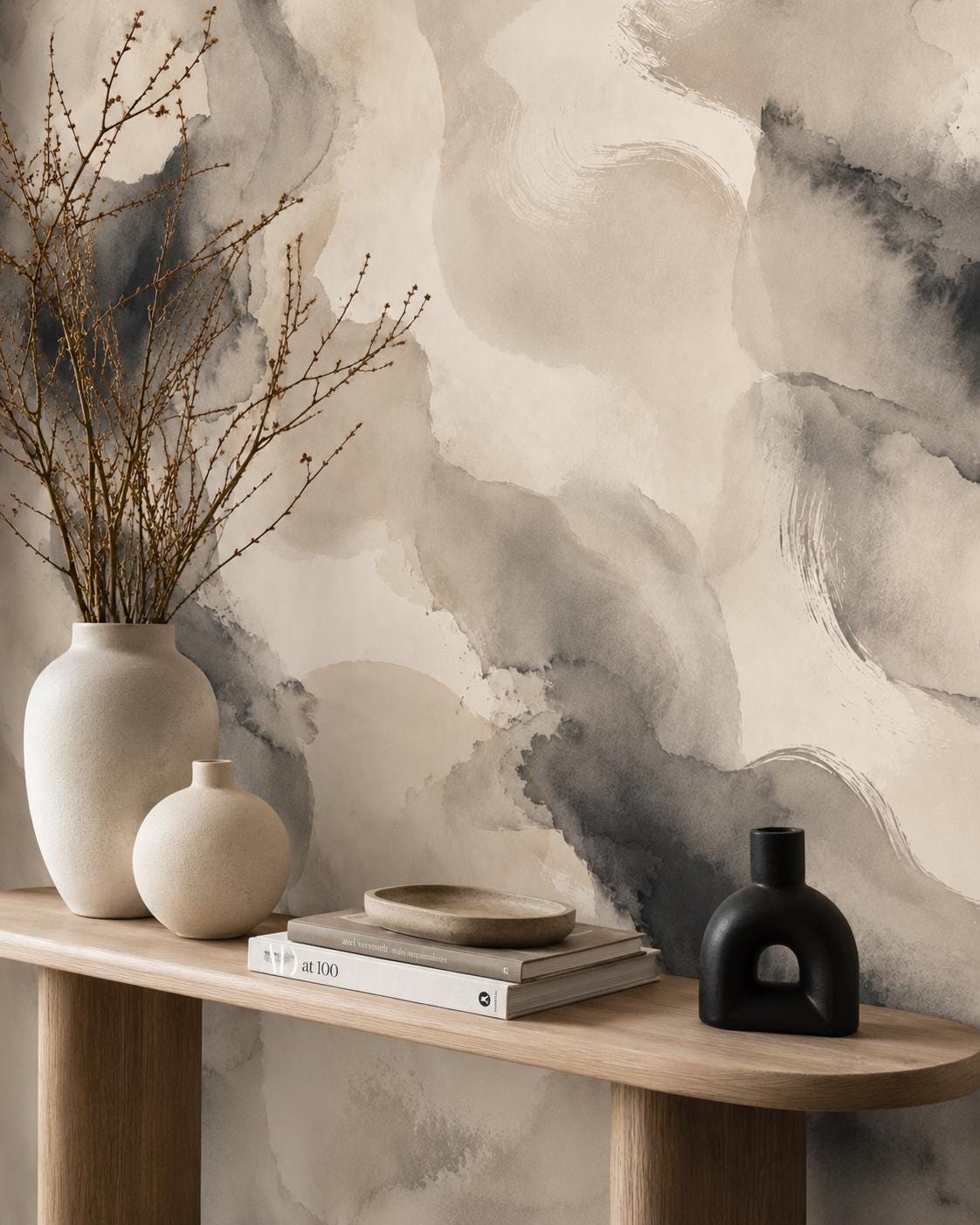 Ivory Ink Wash Wallpaper: Soft Black Abstract Wall Mural
