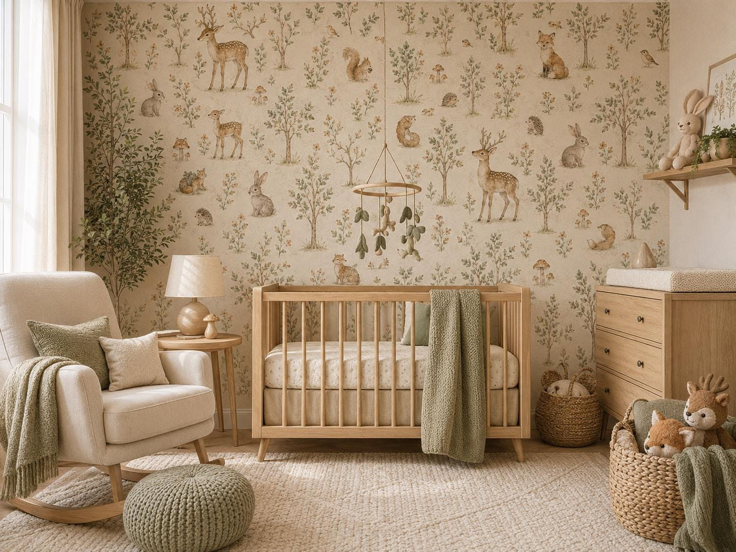 Woodland Animal Wallpaper: Neutral Forest Nursery Wall Mural