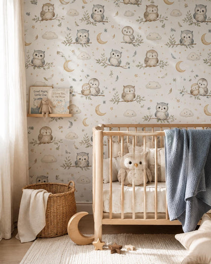 Owl Moon Wallpaper: Celestial Nursery Mural