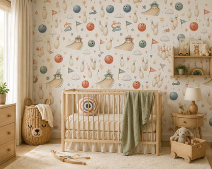 Bowling Pin Wallpaper: Retro Sports Nursery Wall Mural