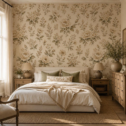Olive Cream Floral Wallpaper: Vintage Botanical Wall Mural