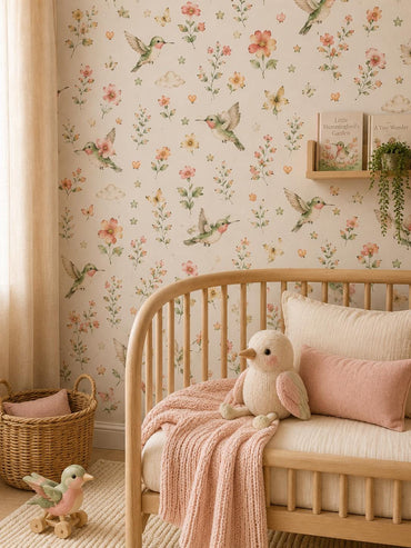 Hummingbird Floral Wallpaper: Garden Bird Nursery Mural