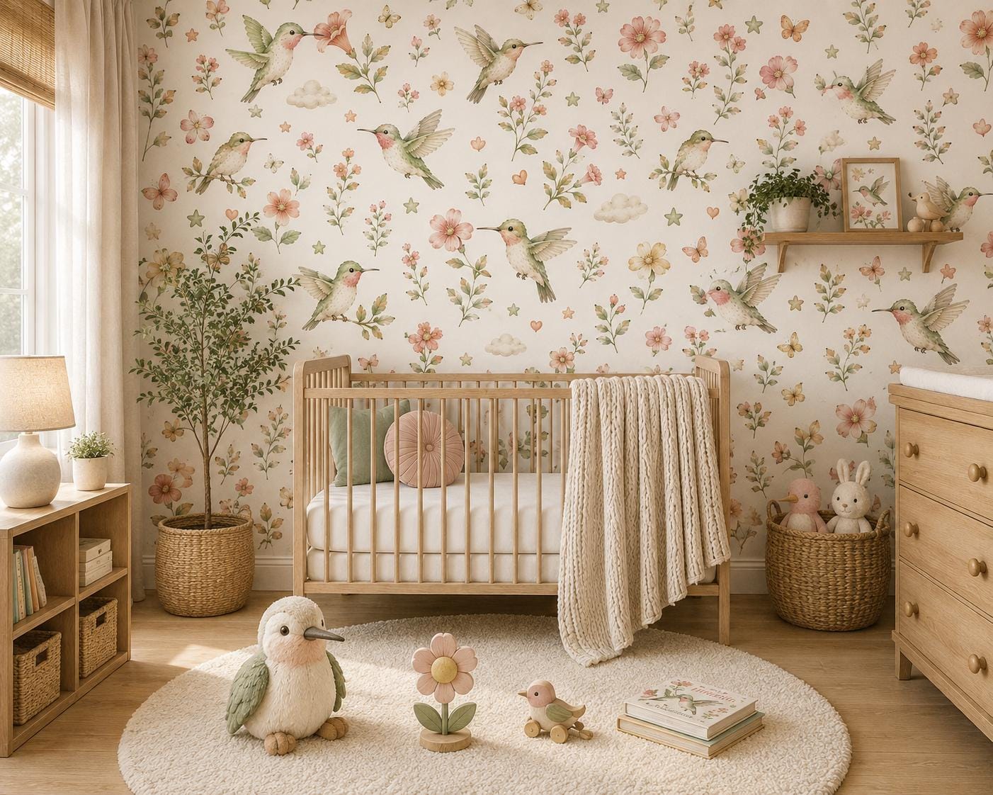 Hummingbird Floral Wallpaper: Garden Bird Nursery Mural