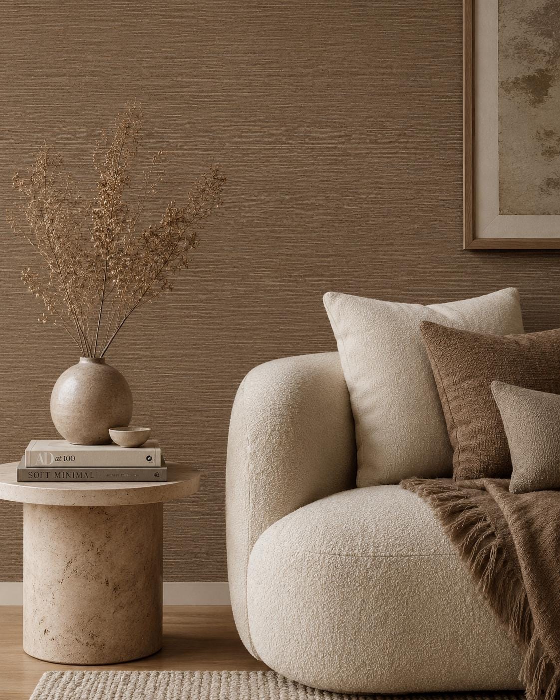 Mocha Grasscloth Wallpaper: Brown Woven Texture Wall Mural