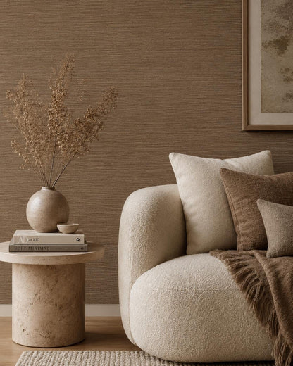 Mocha Grasscloth Wallpaper: Brown Woven Texture Wall Mural