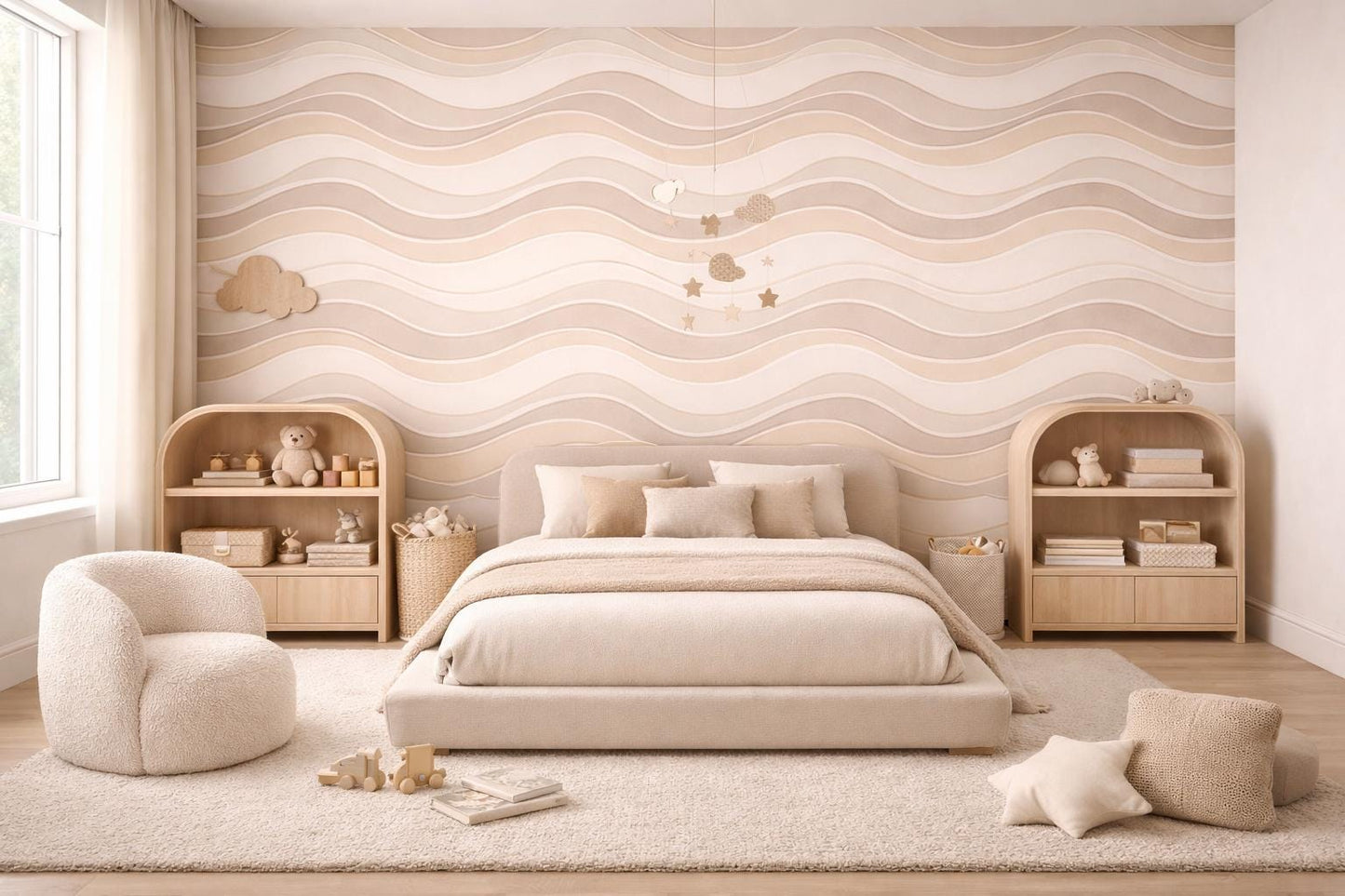 Beige Wave Wallpaper: Neutral Abstract Line Wall Mural