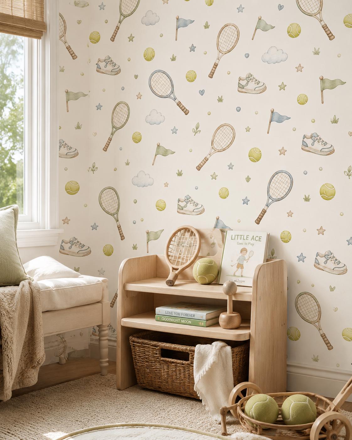 Tennis Racket Wallpaper: Court Sports Nursery Wall Mural