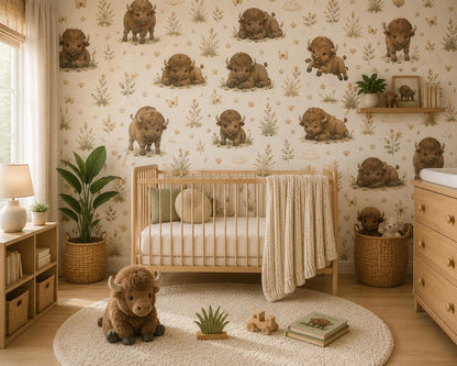 Bison Prairie Wallpaper: Western Animal Nursery Wall Mural