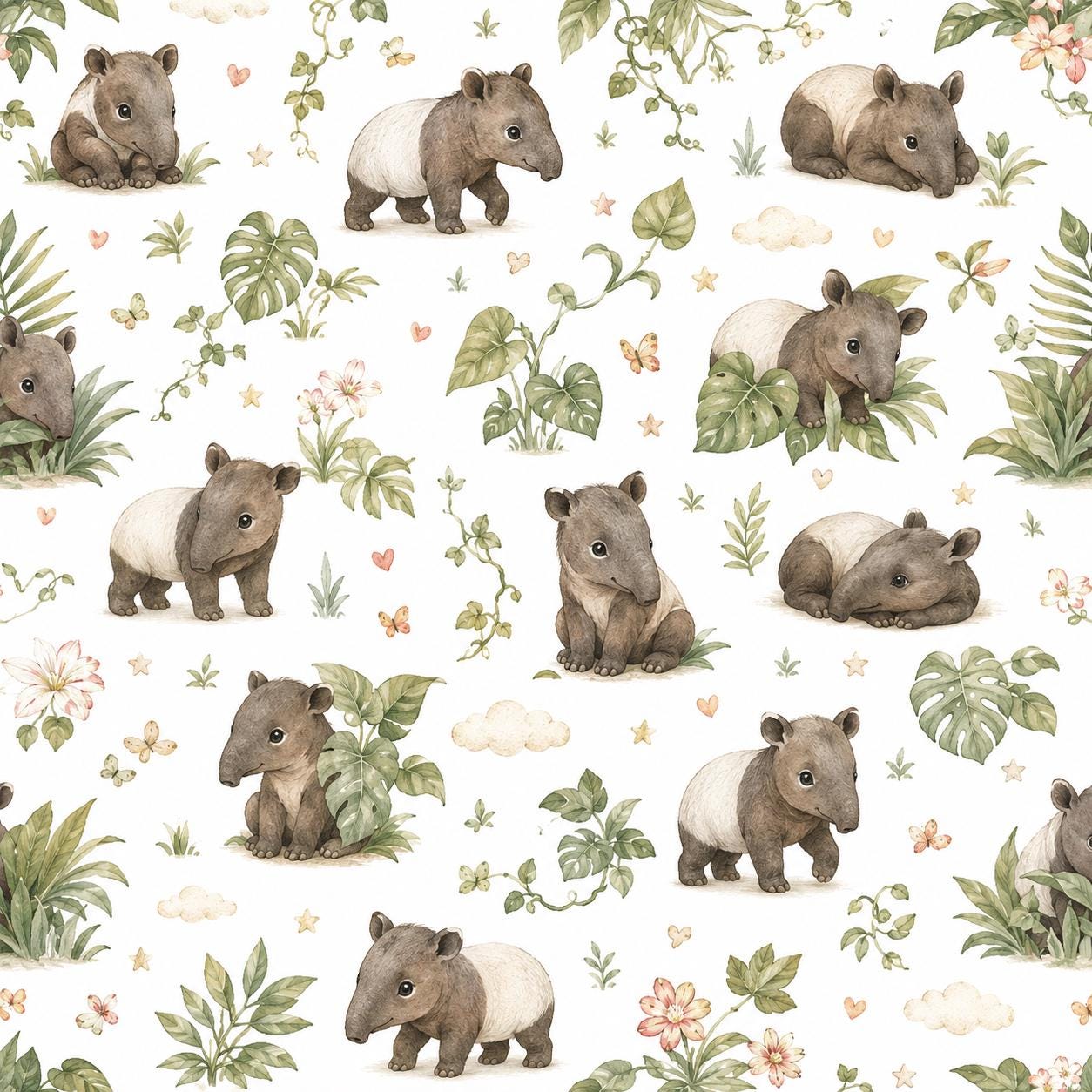 Tapir Rainforest Wallpaper: Tropical Animal Nursery Mural