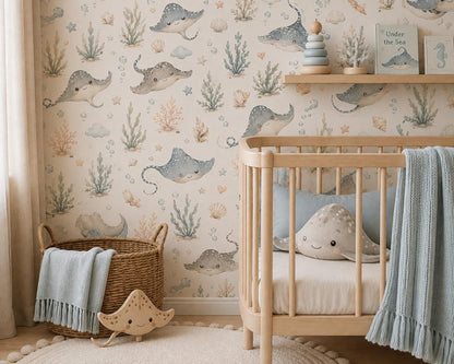Stingray Ocean Wallpaper: Coastal Sea Life Nursery Mural