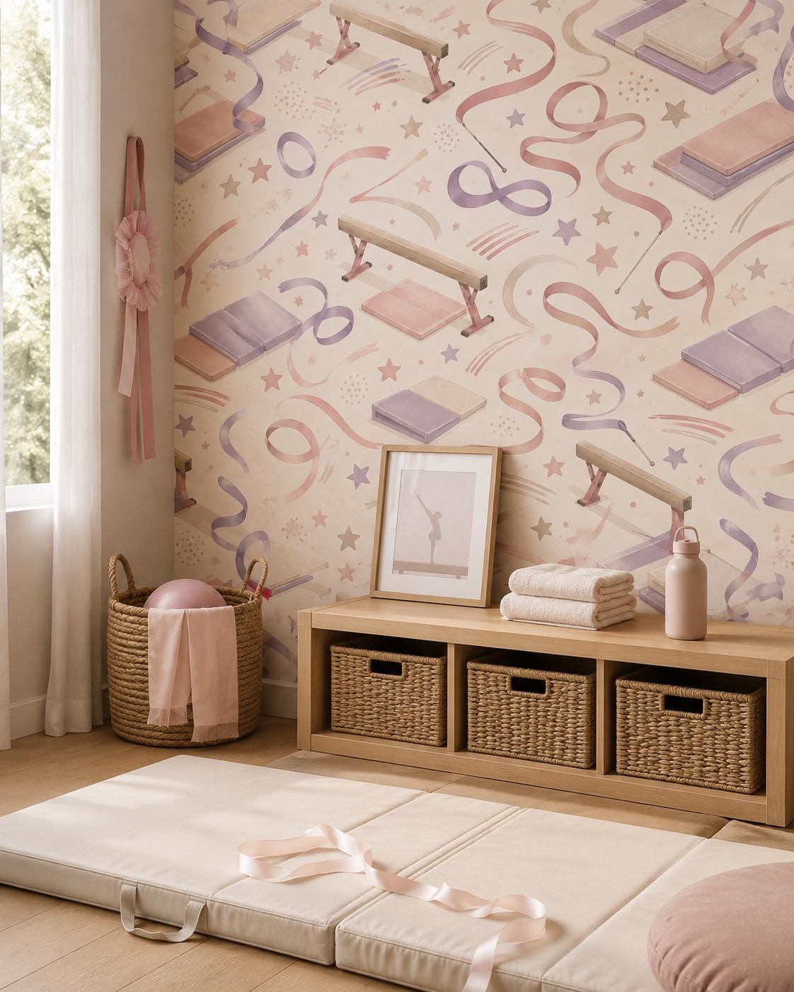 Kids Gymnastics Wallpaper: Soft Sports Wall Mural for Girls Room
