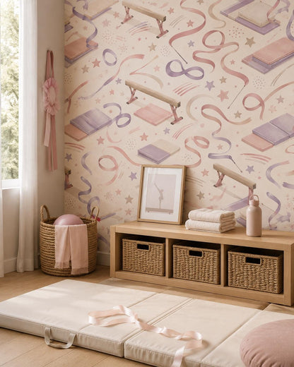 Kids Gymnastics Wallpaper: Soft Sports Wall Mural for Girls Room