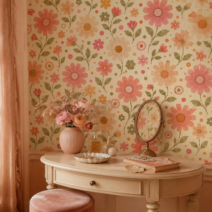 Retro Pink Daisy Wallpaper: Vintage Floral Wall Mural