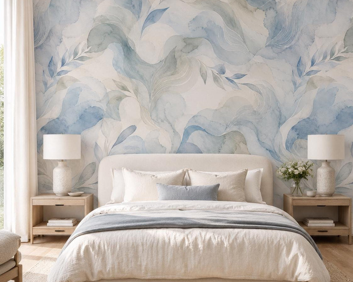 Mist Blue Abstract Wallpaper: Soft Organic Wall Mural