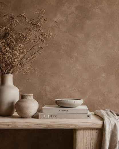 Cocoa Plaster Wallpaper: Warm Brown Textured Wall Mural