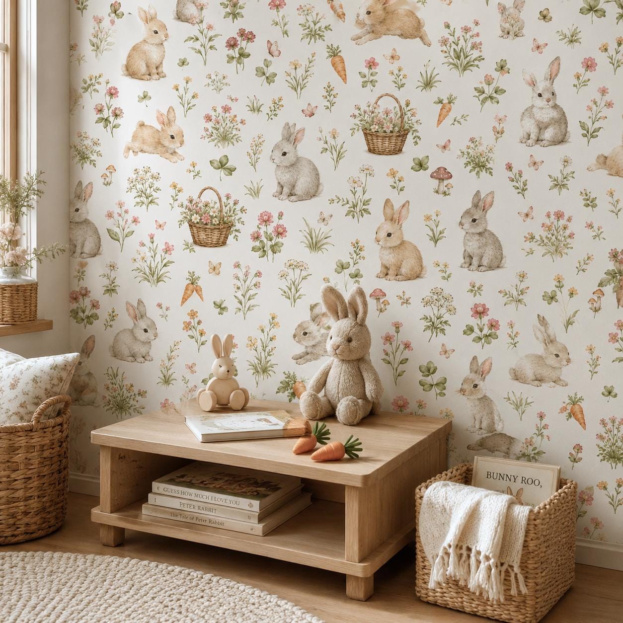 Bunny Meadow Wallpaper: Floral Rabbit Wall Mural