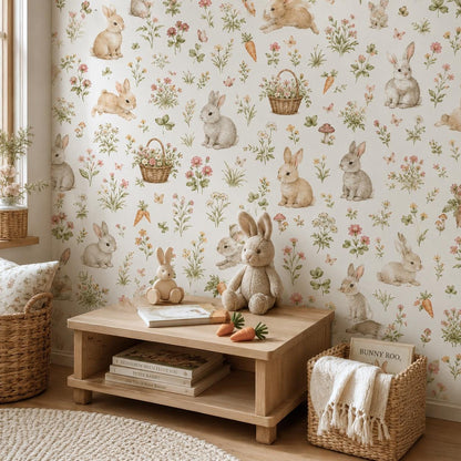 Bunny Meadow Wallpaper: Floral Rabbit Wall Mural
