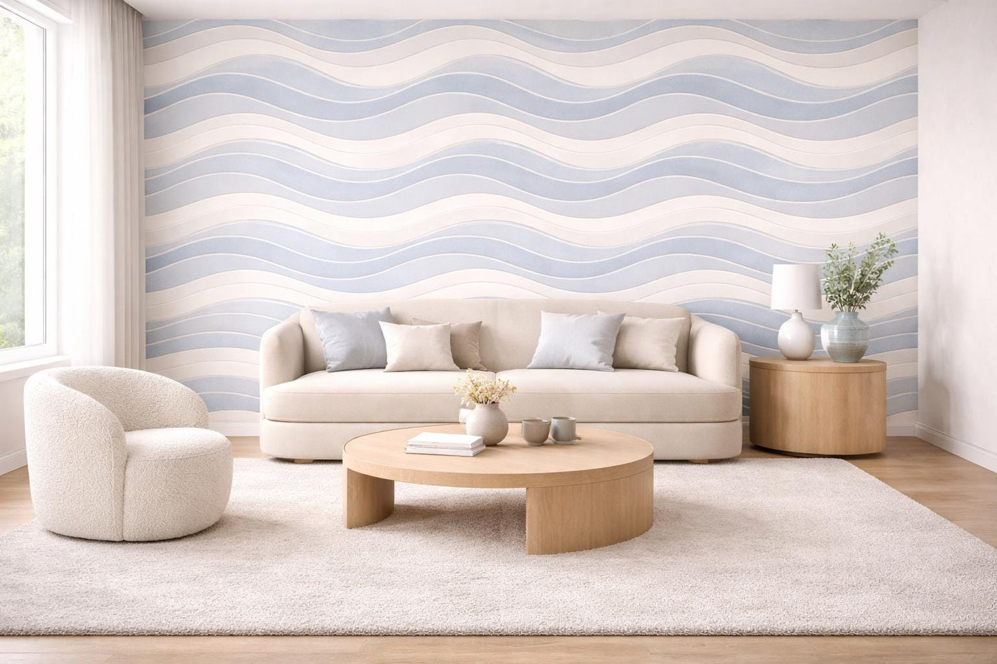 Blue Wave Wallpaper: Soft Abstract Line Wall Mural