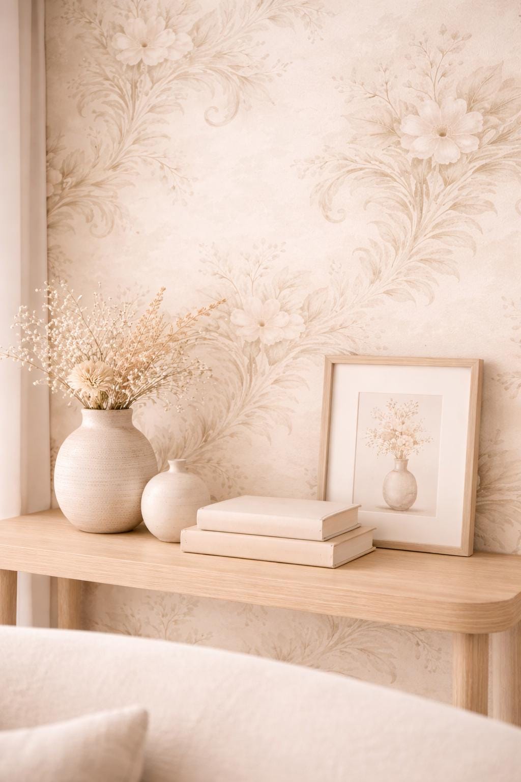Beige Floral Wallpaper, Vintage Neutral Peel and Stick Wall Mural