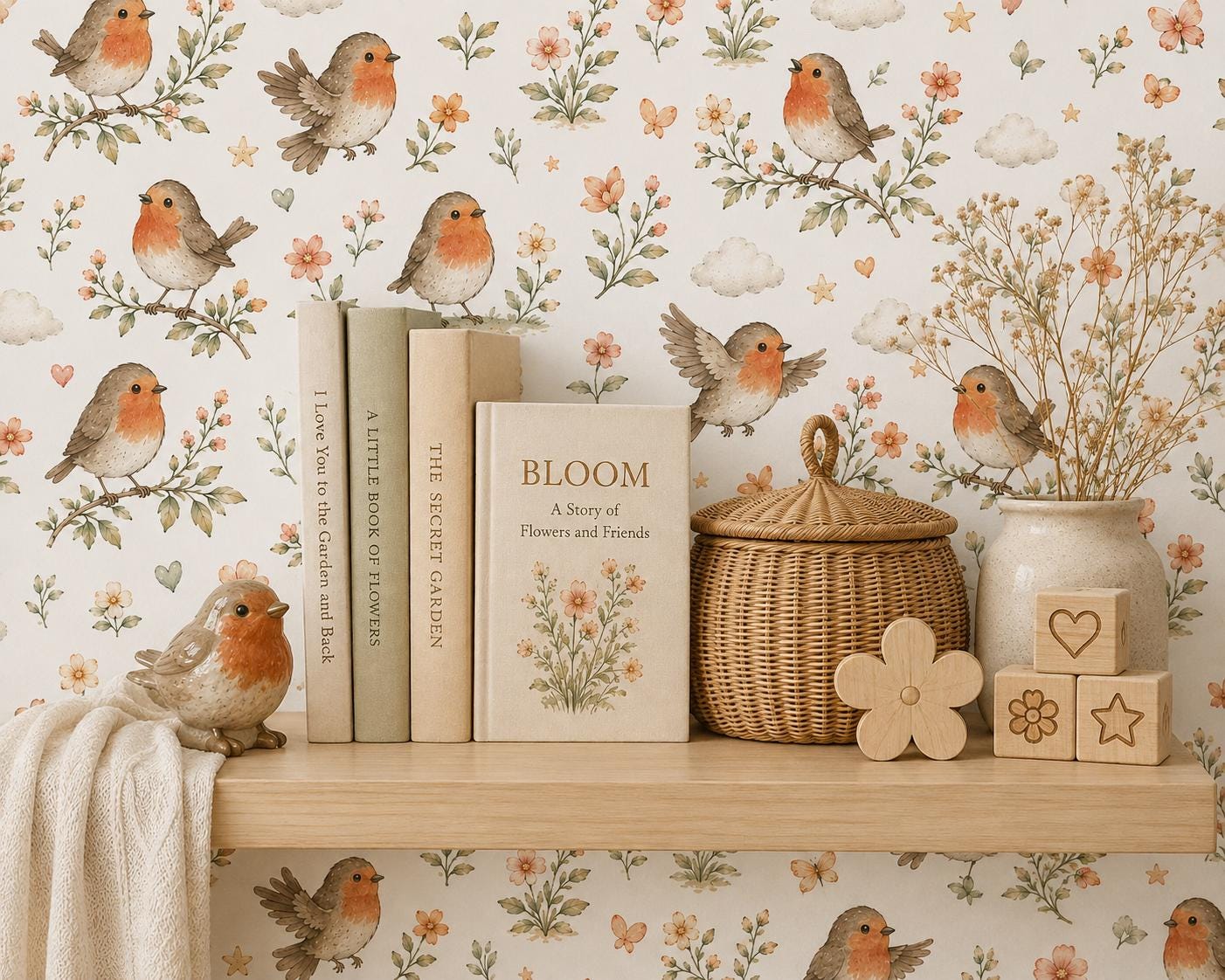 Robin Garden Wallpaper: Spring Bird Nursery Wall Mural