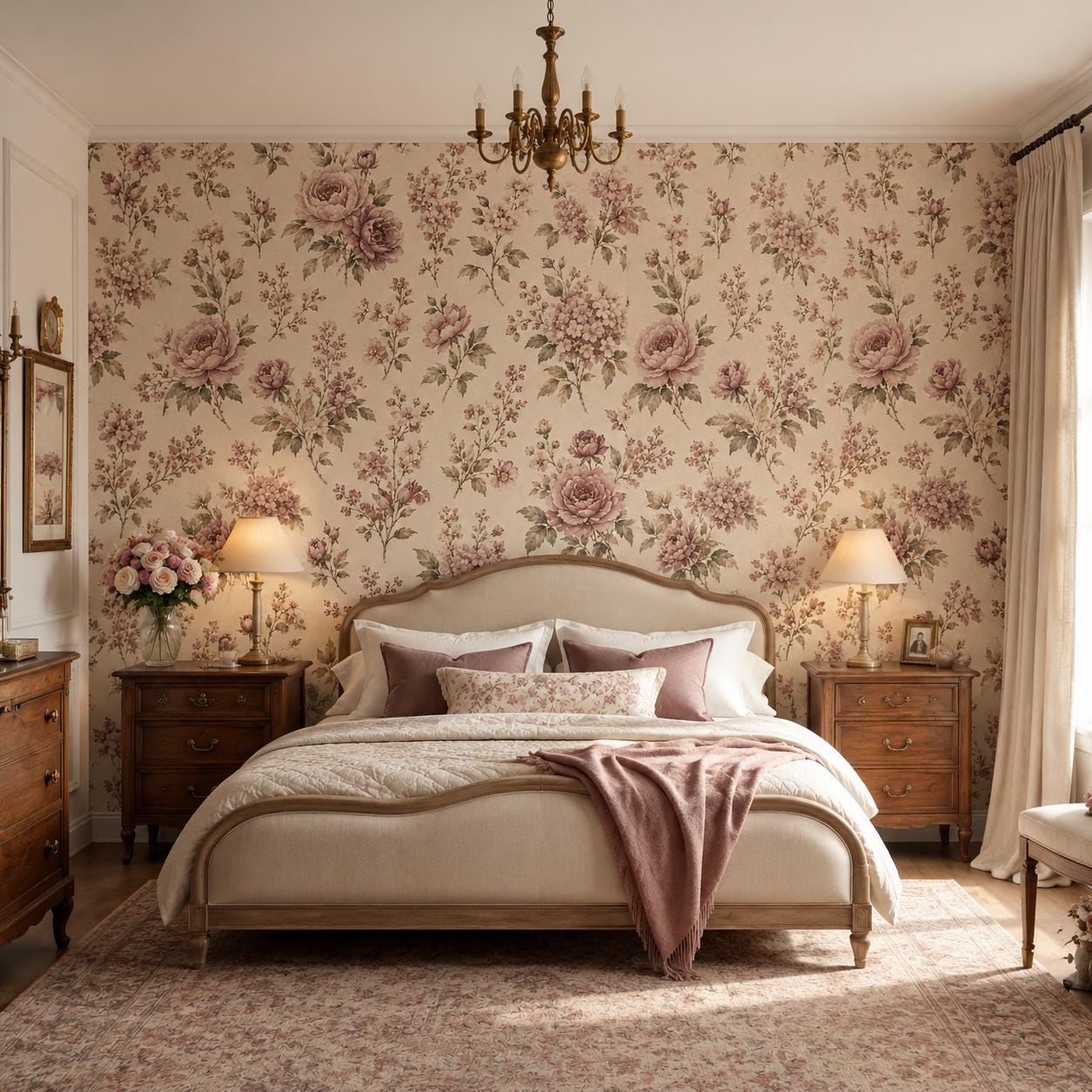 Mauve Beige Floral Wallpaper: Romantic Botanical Wall Mural