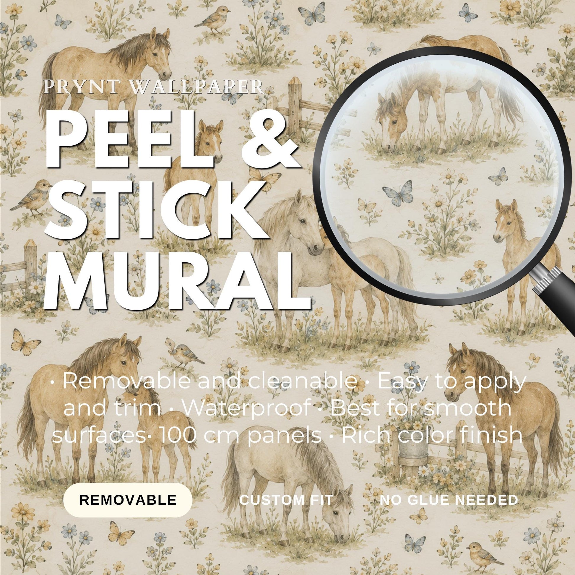 Vintage Horse Meadow Wallpaper: Countryside Nursery Wall Mural