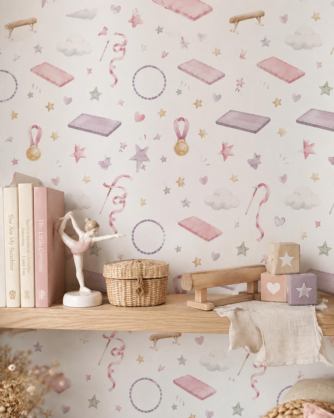 Gymnastics Ribbon Wallpaper: Soft Sports Nursery Mural