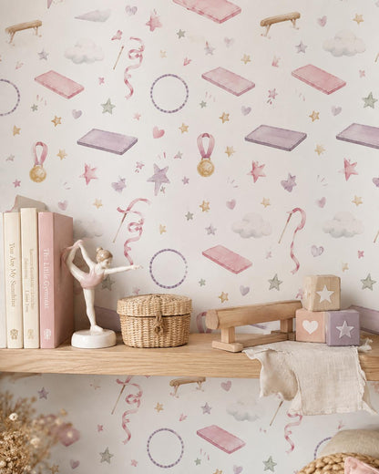 Gymnastics Ribbon Wallpaper: Soft Sports Nursery Mural