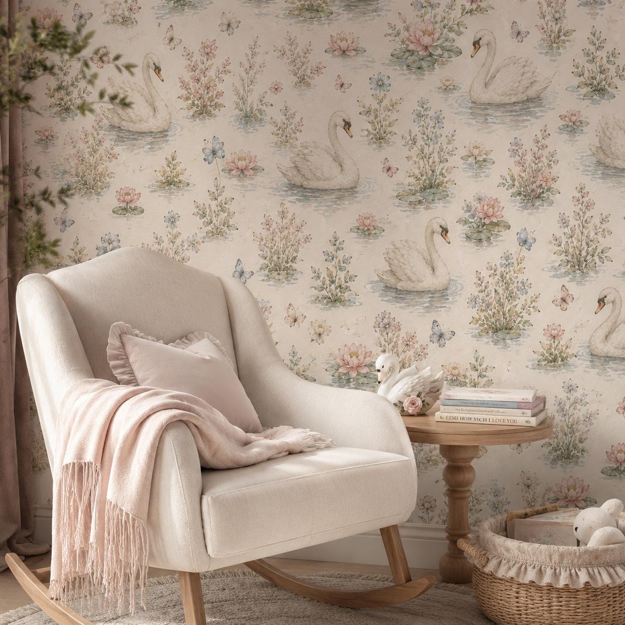 Swan Lake Floral Wallpaper: Elegant Nursery Wall Mural