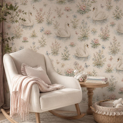 Swan Lake Floral Wallpaper: Elegant Nursery Wall Mural